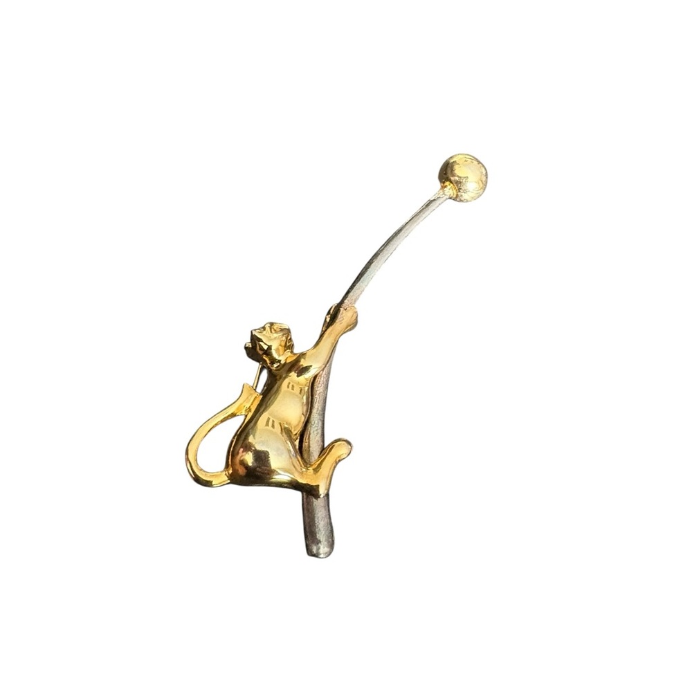 Whimsical‎ Cat Climbing Branch Brooch Gold & Silver Tone Vintage Pin Animal